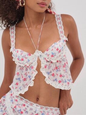 For Love And Lemons Ditsy Day White Floral Lace-Trim Bra Top